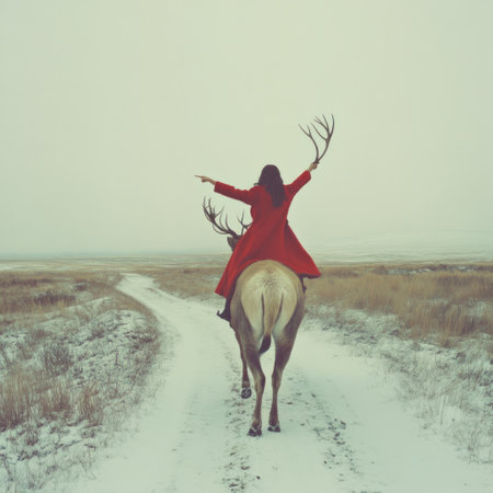 A woman in red rides on the back of an animal with antlers along her path, pointing to something in the distance, a snowy field and sky, realistic photography, distant view, surrealism, minimalism, soft tones, light background, large aperture. --v 6.1 Job ID: 8bd09d5b-8025-453f-a0f4-2802dd93169eの素材