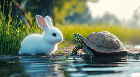 A white rabbit and an ancient turtle near the water, realistic photo shoot, cartoon style, cinematic shot, high resolution, hyper-realistic quality. --ar 128:71 --v 6.1 Job ID: 5271270d-6374-4975-aa57-85165b07ee7bの素材