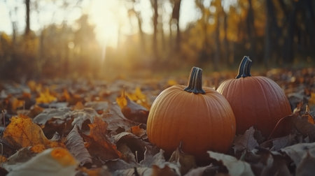 Autumn background with pumpkins on leaves in a forest at sunrise, a Halloween concept. --chaos 30 --ar 16:9 --v 6.1 Job ID: 822a522a-f30d-42a3-9ca4-ffe472ef53b8の素材