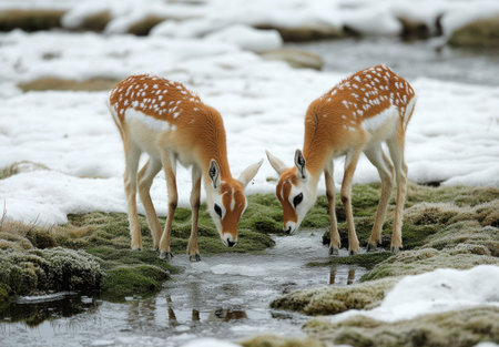 In the center of Lop Nur No Man's Land, two little antelope-like creatures graze on a field covered in moss and small ice lakes. The animals' fur is golden brown with white spots, and they look friendly but curious as they eat grasses by one side of an opening to another lake. In springtime, snow has solidified around them, creating a surreal landscape. This scene captures their graceful movements amidst the unique environment of vastness and silence, captured through National Geographic photography. --ar 22:15 --v 6.1 Job ID: b87c7b3e-9be0-4bd9-86a7-a6c03b7c9c6cの素材