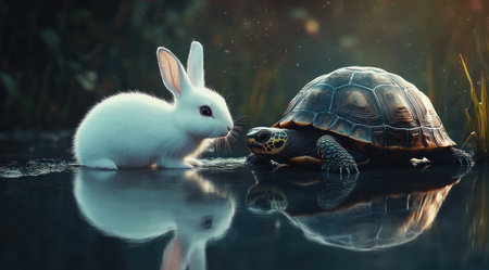 A white rabbit next to a turtle, cute, realistic, cinematic, with dark color grading, and hyper-detailed in the style of a realistic artist. --ar 128:71 --v 6.1 Job ID: b920b1b9-2218-471b-8be0-1e8b65cf8fd0の素材