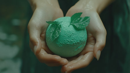 Close-up of hands holding a green globe with leaves, symbolizing environmental protection and sustainability for World Wildlife Day. --chaos 30 --ar 16:9 --v 6.1 Job ID: 2c20ccb0-aacc-4d1d-a2b3-75240f9681a2の素材