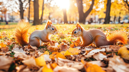 Two red squirrels playing in the park, sun rays shining through the leaves on the ground, golden hour, photorealistic, wide-angle lens, banner format. --chaos 30 --ar 16:9 --v 6.1 Job ID: c8a0a0be-d2ac-41e3-a93e-87d06e6bb294の素材