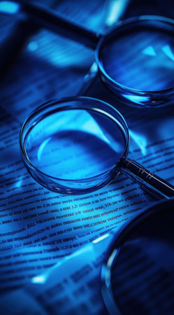 close up of blue magnifying glasses and documents, background is dark blue with light reflection, photorealistic, hyperrealism, octane render, cinematic, bokeh effect, high resolution photography, low angle shot, macro lens, shallow depth of field, perspective distortion, HDR, 3D rendering, cinema4d, blender, studio lighting, volumetric lighting, --ar 71:128 --v 6.1 Job ID: 0d17bf98-6119-4503-b6dd-68a7e4916776の素材