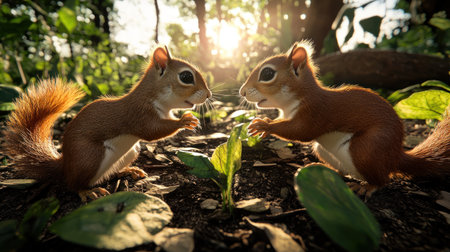 Two red squirrels in the forest, golden hour, full-body shot, panoramic view, photorealistic, high resolution, sun rays shining through leaves on the ground. --chaos 30 --ar 16:9 --v 6.1 Job ID: c9d98ab7-0161-49c0-a131-cc352a6ec242の素材
