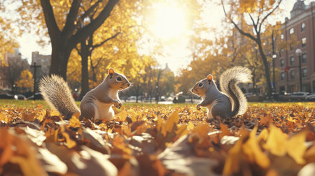 Two squirrels playing in the park, sun rays filtering through the leaves, golden hour lighting, a full panoramic shot, wide-angle perspective, high-resolution image, hyper-realistic rendering. --chaos 30 --ar 16:9 --v 6.1 Job ID: f5c1a175-d7d9-4bc4-8082-d69a671de4dfの素材