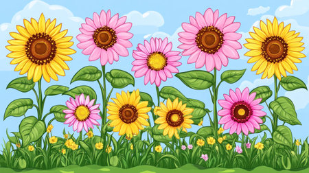 Colorful sunflowers and pink gerbera daisies with green leaves on a blue background banner, vector illustration in a cartoon style for kids. The design is colorful, detailed, and very realistic, with high resolution. --chaos 30 --ar 16:9 --v 6.1 Job ID: e91a082f-beae-47af-908d-6cd3daf091c3の素材