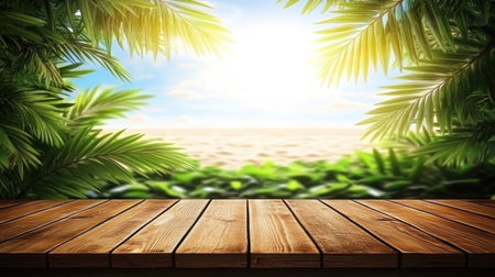 The background is a beautiful beach with a blue sky and white clouds. Palm trees hang on both sides of an empty wooden tabletop, and sunlight shines through the leaves to illuminate the sand, creating beautiful shadows. The sun shines brightly in front, creating a bright scene. The composition has rich details, high-saturation colors, and a wide-angle lens. It creates a relaxed summer atmosphere, evoking emotions of relaxation. --chaos 30 --ar 16:9 --v 6.1 Job ID: 80211d86-459b-49b8-8097-b06c8db8792eの素材