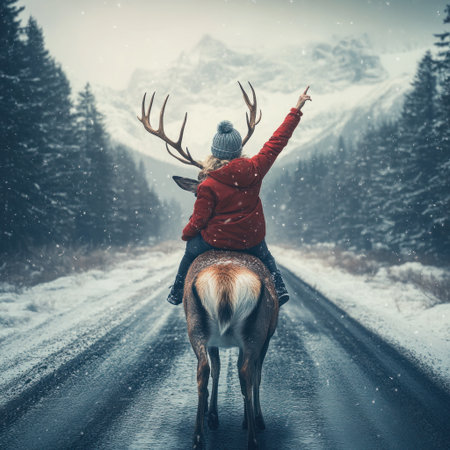 A woman in a red jacket and grey hat riding on the back of a deer with antlers, pointing to the horizon over a long road in a winter landscape, realistic photography, in the style of raw style. --v 6.1 Job ID: 47c17246-8bd6-4fcd-8191-a8cb79dca220の素材