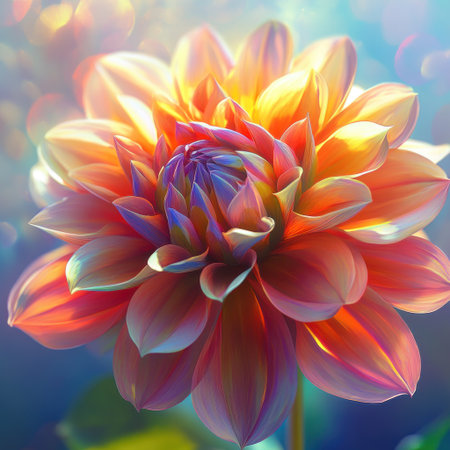 Beautiful, colorful dahlia flower, close-up, vibrant colors, fantasy style, concept art, digital painting, hyper-realistic, trending on Artstation and Pixiv, Octane render, studio lighting, sharp focus, illustration, high detail, hyper-realistic, super detailed, volumetric light, cinematic. --v 6.1 Job ID: fb9bba72-0554-417e-a273-58c5f1b45e03の素材