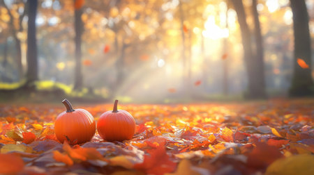 Autumn background with pumpkins on leaves in a forest at sunrise. A hopeful concept, suitable for a banner design. Autumn nature scene with copy space. Autumn pumpkins and the fall season. --chaos 30 --ar 16:9 --v 6.1 Job ID: 40d9042f-5656-4f0c-93e7-4df621de5772の素材