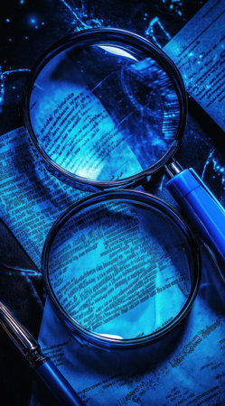 Close-up of blue magnifying glasses and documents, illuminated by neon light effects, on top view. The background is dark with subtle gradients in shades of gray to create depth. A pen rests beside the glasses adding an element of detail. High resolution photography style. --ar 71:128 --v 6.1 Job ID: 8ecb3dc0-1c2b-466a-94aa-ee26e7f1a33aの素材