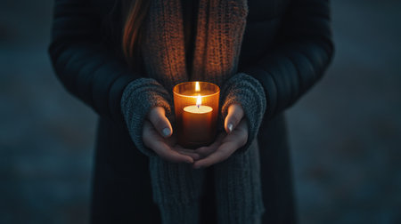 Close-up of hands holding a candle, symbolizing hope and healing in the darkness. --chaos 30 --ar 16:9 --v 6.1 Job ID: 37975539-0d6e-4066-a4a2-9f1f5d5641e6の素材