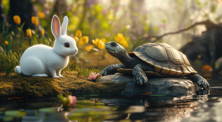 A white rabbit and an ancient turtle near the water, realistic photo shoot, cartoon style, cinematic shot, high resolution, hyper-realistic quality. --ar 128:71 --v 6.1 Job ID: 5271270d-6374-4975-aa57-85165b07ee7bの素材