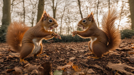 Two squirrels playing in the park, a panoramic photo with copy space on the right side, golden sunlight and a bokeh effect, the forest floor covered in leaves, a close-up view of a red-furred squirrel on both sides, with a soft-focus background. --chaos 30 --ar 16:9 --v 6.1 Job ID: f24fc846-9e7c-4e68-90a1-a66983609999の素材
