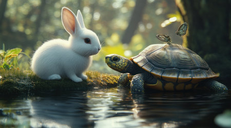A white rabbit next to a turtle near the water, cute and adorable in a cartoon style, with a hyper-realistic, cinematic, dark color grading, and the appearance of a pencil drawing. --ar 128:71 --v 6.1 Job ID: 288f9800-1f71-4b0d-871a-64b82e470d47の素材