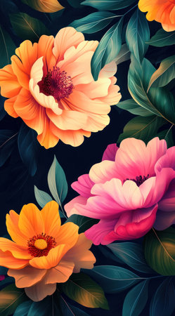 Colorful flowers in the style of detailed character illustrations, against a dark blue background, with a colorful fantasy realism style, featuring bright colors and rich details, including pink and orange petals, green leaves, and colorful foliage. The composition is symmetrical, with a close-up shot of several large flowers on one side of the screen. The image is in high definition, with bright lighting, natural light, clear focus, and delicate texture, showcasing exquisite details. --ar 71:128 --v 6.1 Job ID: a55c43af-ce15-496c-827b-309c285b7fafの素材