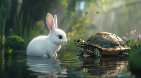 A white rabbit next to a turtle near the water, cute and adorable in a cartoon style, with a hyper-realistic, cinematic, dark color grading, and the appearance of a pencil drawing. --ar 128:71 --v 6.1 Job ID: a4d39350-5e80-4245-b534-b99e47e288b1の素材