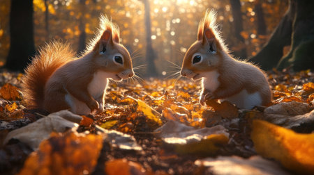 Two red squirrels playing in the park, sun rays shining through the leaves on the ground, golden hour, photorealistic, wide-angle lens, banner format. --chaos 30 --ar 16:9 --v 6.1 Job ID: c8a0a0be-d2ac-41e3-a93e-87d06e6bb294の素材