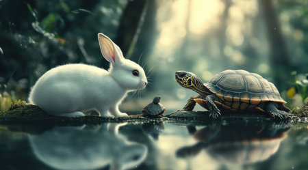 A white rabbit next to a turtle near the water, cute and adorable in a cartoon style, with a hyper-realistic, cinematic, dark color grading, and the appearance of a pencil drawing. --ar 128:71 --v 6.1 Job ID: 288f9800-1f71-4b0d-871a-64b82e470d47の素材