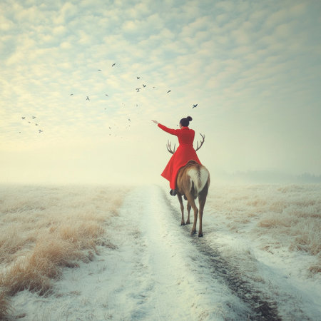 A woman in red rides on the back of an animal with antlers along her path, pointing to something in the distance, a snowy field and sky, realistic photography, distant view, surrealism, minimalism, soft tones, light background, large aperture. --v 6.1 Job ID: b1452157-1b54-42fe-a809-7d7d9fe44b3eの素材