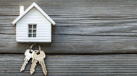 Photo of a house-shaped keychain with keys on a wooden background, representing the concept of a new home or moving into a new apartment or house. Web banner with copy space on the right. --chaos 30 --ar 16:9 --v 6.1 Job ID: 7f43f794-d2d1-4775-acf7-7217c5a7b97aの素材