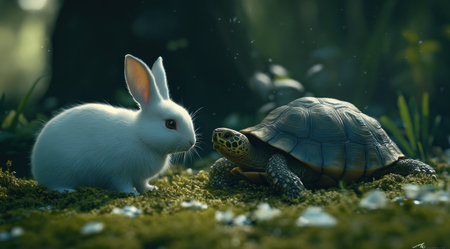 A white rabbit next to a turtle, cute, realistic, cinematic, with dark color grading, and hyper-detailed in the style of a realistic artist. --ar 128:71 --v 6.1 Job ID: b920b1b9-2218-471b-8be0-1e8b65cf8fd0の素材