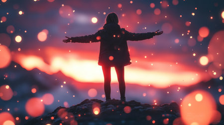 Photograph of a woman standing on top of a hill with her arms outstretched, enjoying the sunrise and symbolizing freedom and happiness. The image has a bokeh background, creating an ultra-realistic photography effect. --chaos 30 --ar 16:9 --v 6.1 Job ID: 52e03a42-2497-4d36-9f42-2cd5378939c7の素材
