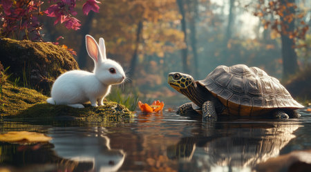 A white rabbit and an ancient turtle near the water, realistic photo shoot, cartoon style, cinematic shot, high resolution, hyper-realistic quality. --ar 128:71 --v 6.1 Job ID: 5271270d-6374-4975-aa57-85165b07ee7bの素材