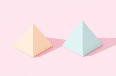Isometric 3D rendering of two simple shapes in pastel colors, one triangle and the other semi-delta with a solid background. The scene is minimalistic yet visually appealing, with soft lighting to highlight their forms. --ar 23:15 --v 6.1 Job ID: 34ba15ac-e420-4bd6-948a-e6f2de296f6bの素材