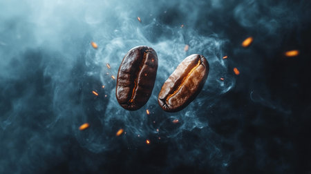 Dark background, falling coffee beans, smoke and sparks flying in the air, high-resolution photography, professional color grading, soft shadows, low contrast, clean sharp focus, bokeh effect. --chaos 30 --ar 16:9 --v 6.1 Job ID: 3dbad5cd-9a1e-49ef-8ceb-7ce8492ff3d9の素材