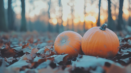 Autumn background with pumpkins on leaves in a forest at sunrise. A hopeful concept, suitable for a banner design. Autumn nature scene with copy space. Autumn pumpkins and the fall season. --chaos 30 --ar 16:9 --v 6.1 Job ID: 40d9042f-5656-4f0c-93e7-4df621de5772の素材