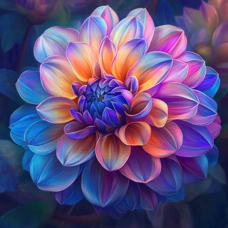 A vibrant dahlia flower with petals that shimmer in shades of blue, purple, and orange. Digital art style, colorful illustrations, detailed background, concept art, high resolution. --v 6.1 Job ID: a628253d-09e7-4399-9f6d-bbf483d301a6の素材