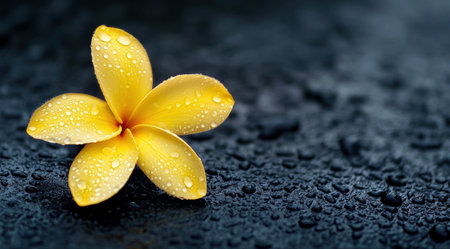 A yellow frangipani flower on the ground with raindrops, dark background, hyper-realistic photography. --ar 128:71 --v 6.1 Job ID: 51cb18e0-2205-4907-8c1a-3fd109fae2ffの素材