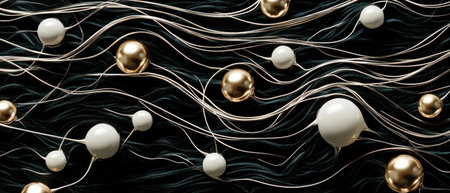 An abstract depiction of neural networks with white wires and gold spheres, against a black background, a 3D render, high-resolution photography, insanely detailed with fine details, isolated on a dark background. --ar 7:3 --v 6.1 Job ID: 2baf02eb-6ac8-4ffc-8159-7e7a5bd38609の素材