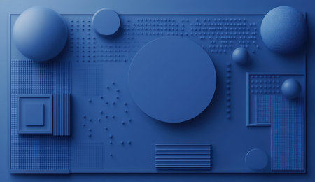 Abstract blue background with geometric shapes and cubes, 3D rendering illustration of abstract, simple, minimalistic modern design elements on a flat color background. Flat lay composition, 2D vector style, simple monochrome, blue shades, no shadows, high resolution, sharp focus, with copy space for text. --ar 26:15 --v 6.1 Job ID: 36c45adf-345c-4a72-bf7f-5b3730a4690cの素材
