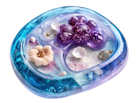 A transparent cell model with an isolated background, featuring baby blue and purple colors. The cells display various structures including magic beads, glass beads, sand grains, crystals, micro abalone shells, oyster shells, flower petals, silver metal decorations, yellow gold powder, red rose petal powder, white marble stones, pink pebbles, or other elements. This isometric view includes three-dimensional visual effects, presenting the internal structure of human chromosomes. Isolated on a white background. --ar 4:3 --v 6.1 Job ID: ffb33a35-5ab2-4c68-adea-586f297eb7ceの素材