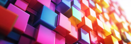 Colorful background with vibrant cubes. Background for design, banner, or wallpaper. Abstract color block pattern. 3D rendering illustration. Rainbow-colored wall texture. --ar 3:1 --v 6.1 Job ID: 9d8b36bd-28dc-4747-911f-cdf2ff368c05の素材