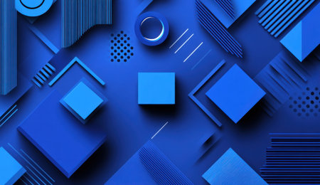 Abstract blue background with geometric shapes and cubes, 3D rendering illustration of abstract, simple, minimalistic modern design elements on a flat color background. Flat lay composition, 2D vector style, simple monochrome, blue shades, no shadows, high resolution, sharp focus, with copy space for text. --ar 26:15 --v 6.1 Job ID: 36c45adf-345c-4a72-bf7f-5b3730a4690cの素材