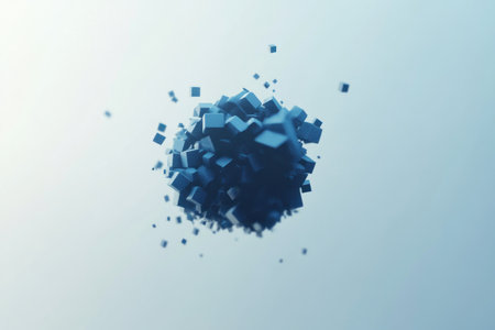 Abstract, minimalistic animation of blue cubes flying around in the shape of a sphere, with a simple solid-color background. --ar 3:2 --v 6.1 Job ID: 3c2600d6-21ca-40d3-9c83-e6c2c9e170f6の素材
