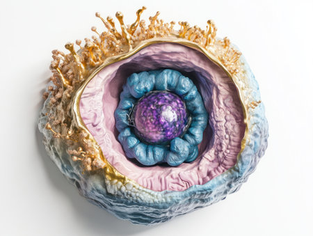 A top-down view of an isolated human cell, with the blue-walled nucleus inside and purple-pink focal point muscle cells visible around it on a white background. The focus is on capturing details like tiny gold-colored structures and colorful, small stones scattered within the photorealistic textures, emphasizing depth and realism in the model's structure. --ar 4:3 --v 6.1 Job ID: 33f2b852-7258-410d-92b4-e57d4d8d27a8の素材