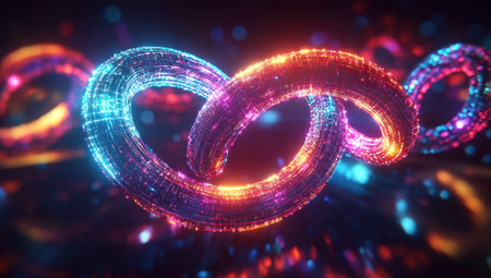 An abstract background with colorful neon light lines forming the shape of an infinity tunnel or wormhole in space, a concept of time travel. --ar 53:30 --v 6.1 Job ID: 0876c70f-a801-4077-938f-d315ded488d7の素材