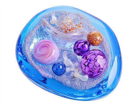 A transparent cell model with an isolated background, featuring baby blue and purple colors. The cells display various structures including magic beads, glass beads, sand grains, crystals, micro abalone shells, oyster shells, flower petals, silver metal decorations, yellow gold powder, red rose petal powder, white marble stones, pink pebbles, or other elements. This isometric view includes three-dimensional visual effects, presenting the internal structure of human chromosomes. Isolated on a white background. --ar 4:3 --v 6.1 Job ID: ffb33a35-5ab2-4c68-adea-586f297eb7ceの素材