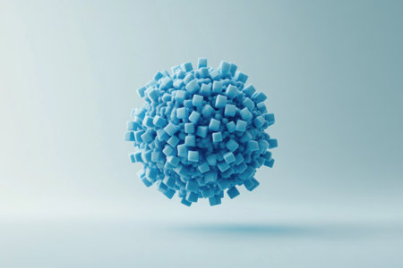 Abstract, minimalistic animation of blue cubes flying around in the shape of a sphere, with a simple solid-color background. --ar 3:2 --v 6.1 Job ID: 3c2600d6-21ca-40d3-9c83-e6c2c9e170f6の素材