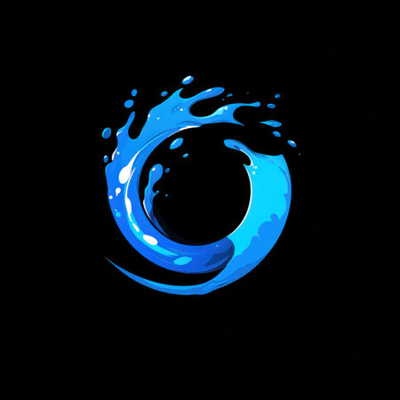 A blue water splash in the shape of an O with a black background, in the style of a logo. --v 6.1 Job ID: 56e1b039-e590-4b78-8504-fbad7710cb24の素材