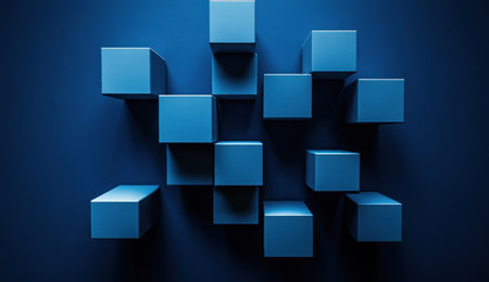 Blue background with three-dimensional cubes, 3D rendering, minimalism, high resolution, high quality, high detail, high contrast, dark blue background, no shadows, no black border, no gradient. --ar 26:15 --v 6.1 Job ID: e52d5bf8-ae94-47e8-97d5-e5352659edf5の素材