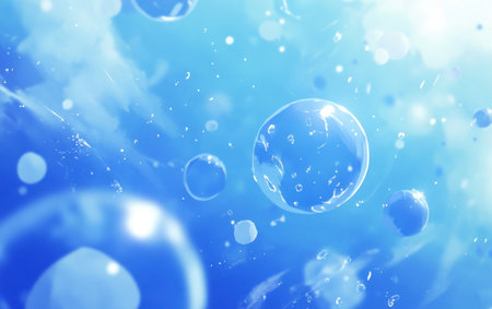 Blue bubbles on a blue background, close-up of spheres floating in the air. --ar 8:5 --v 6.1 Job ID: 087a1cc4-05f3-452a-9286-5dacf6c901f6の素材