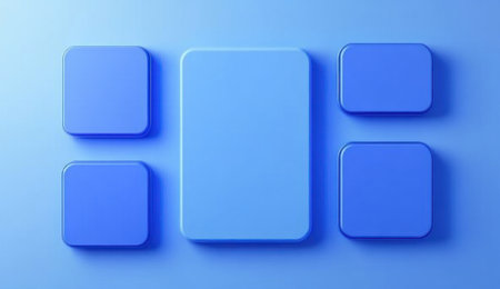 Blue background with simple shapes, blue rectangular icons, flat illustration style, minimalism, 3D rendering, high resolution, high detail, high quality --ar 26:15 --v 6.1 Job ID: 24712e5f-9755-4bd5-ae93-86823ecca88fの素材