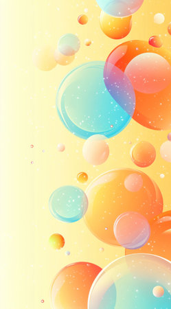 Abstract background with colorful bubbles, light orange and sky blue gradient color scheme, light yellow solid background, vector illustration style, clean lines, high-definition details, best quality, super resolution, bright colors, circular composition, harmonious color combination. --ar 71:128 --v 6.1 Job ID: 264a181a-e7c4-4672-a306-3455915ef215の素材