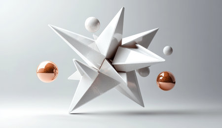 A three-dimensional geometric figure composed of triangles and squares, with several spheres floating around it. The background is gray. In the center, there's an abstract star shape made up of white triangles and brown or pink circles, all floating in space. It resembles an art installation or architectural design. --ar 26:15 --v 6.1 Job ID: 47b52506-bc7d-4f34-b484-af91f7edbf0fの素材